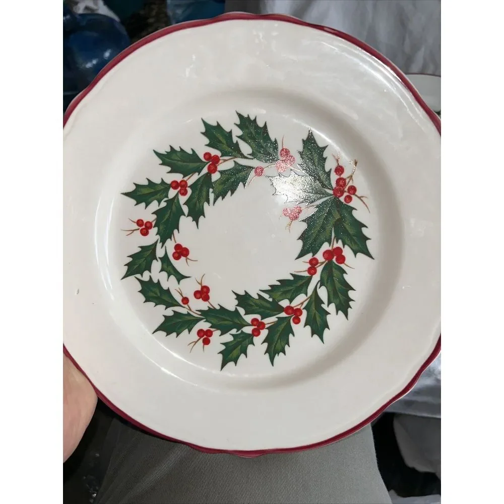 Homer Laughlin Best‎ China Christmas Plate Set Of 4 Holly Design 9 3/4